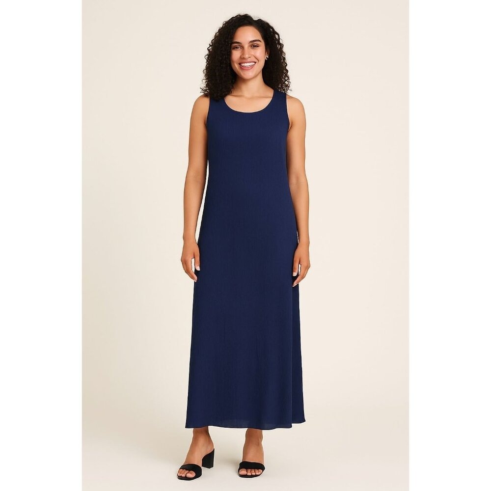 Connected Apparel Maxi Dress Womens 10 Navy Crinkle Timeless Textured Minimalism